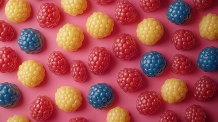 Colorful raspberry pattern on pink background.