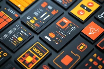 A creative flat lay of technology icons such as battery, Bluetooth, and signal strength, printed on cards