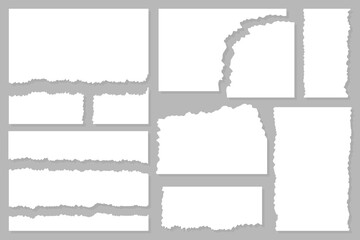 Collection of torn paper shapes with jagged edges arranged on a gray background. Abstract collage and scrapbook design template