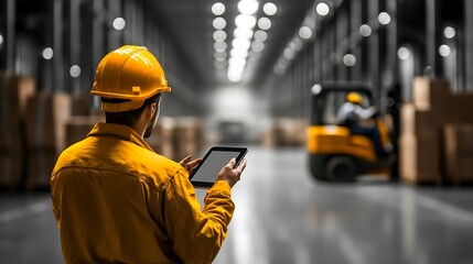 Worker using tablet in warehouse, forklift in background, logistics management