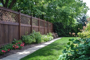 Obraz premium Wooden lattice fence protecting green bushes in residential garden