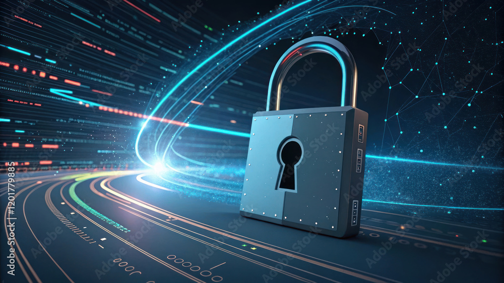 Poster futuristic lock with glowing keyhole surrounded by digital elements, symbolizing security and techno