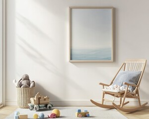 baby room with rocking chair and toys on the floor with wall art frame 