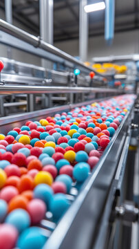 Colorful candys flowing on industrial conveyor belt in factory

