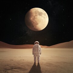 Obraz premium An astronaut standing on a lunar landscape under a large moon, exploring the cosmos.