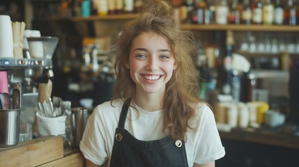 A woman with curly hair is smiling at the camera