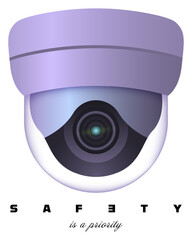 Security. Purple dome surveillance camera with modern design and text emphasizing safety as a priority. Monitoring, protection, safety systems, video surveillance, advanced security technology