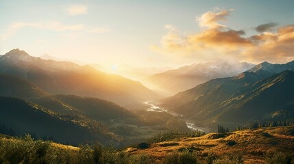 A photo of a majestic mountain range at sunrise