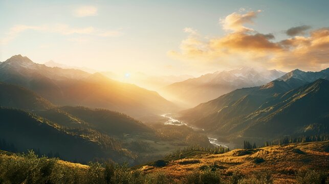 A photo of a majestic mountain range at sunrise - Powered by Adobe