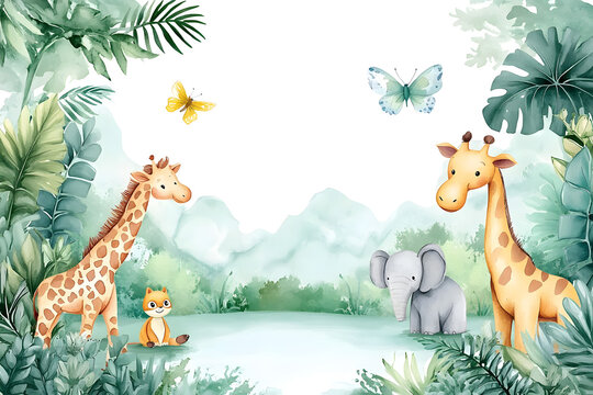 Fototapeta Cute cartoon safari zoo with animal frame border on background in watercolor style.