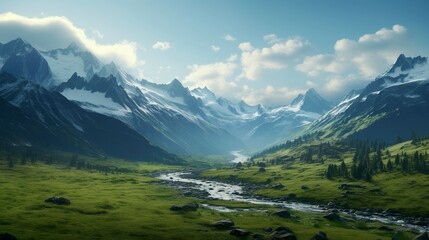 A photo of a majestic mountain range with a river