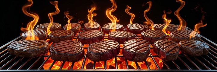 Grilling marbled steaks over open flames at a summer barbecue event