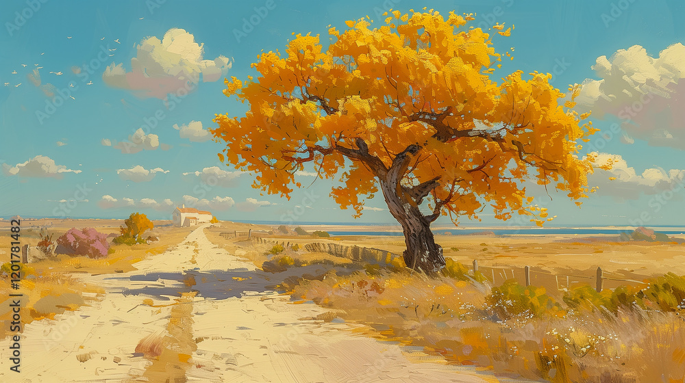 Poster golden tree by a rustic path in a sunny countryside..