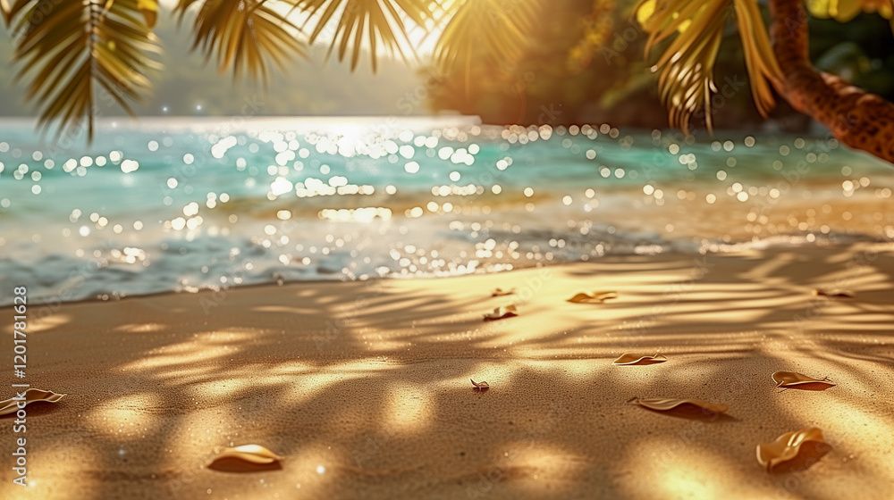 Poster Golden Sunlit Beach with Palm Shadows and Sparkling Waves..