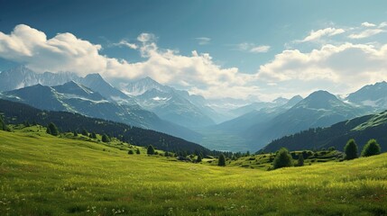A photo of a majestic mountain range with alpine