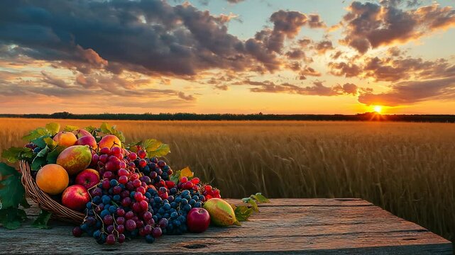 Rural autumn background with colorful fruits in a cornucopia on a wooden table against a sunset sky and a field of wheat. Ample space is available for text. 