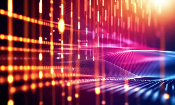 A stylized background cascading binary code abstract glowing particles, visually clean tech-centric aesthetic. Ideal digital business presentations focus on AI, 4k Animation Video