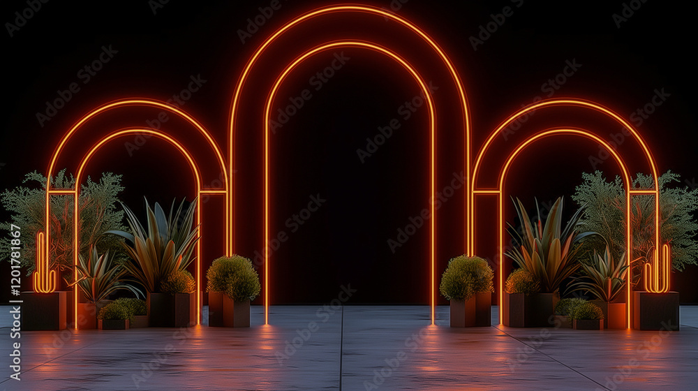 Poster neon arch display with lush greenery..