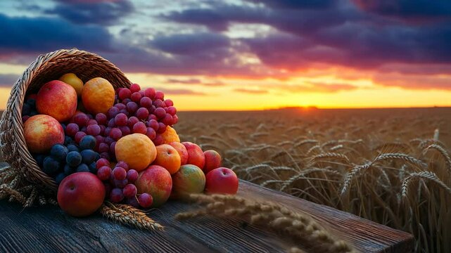 Rural autumn background with colorful fruits in a cornucopia on a wooden table against a sunset sky and a field of wheat. Ample space is available for text. 
