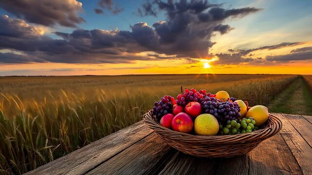 Rural autumn background with colorful fruits in a cornucopia on a wooden table against a sunset sky and a field of wheat. Ample space is available for text. 