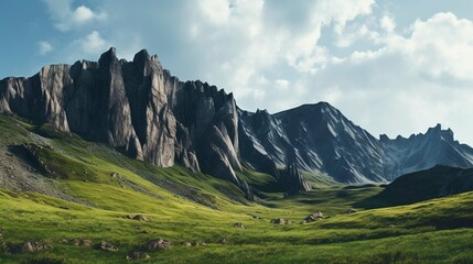 A photo of a majestic mountain range with rocky cliff