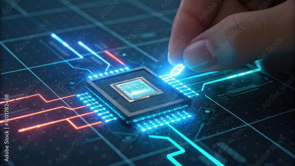 Poster close up of glowing data chip being held between two fingers, showcasing intricate circuitry and vib