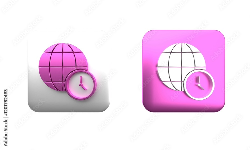 Poster colorful world time icon isolated on white background. clock and globe. square button. 3d render ill