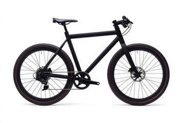 Obraz premium A black bicycle with a black seat and a black handlebar. The bike is parked on a white background
