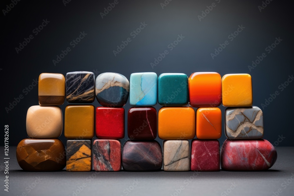 Poster polished gemstones of various colors and shapes arranged in a pyramid structure, creating a visually