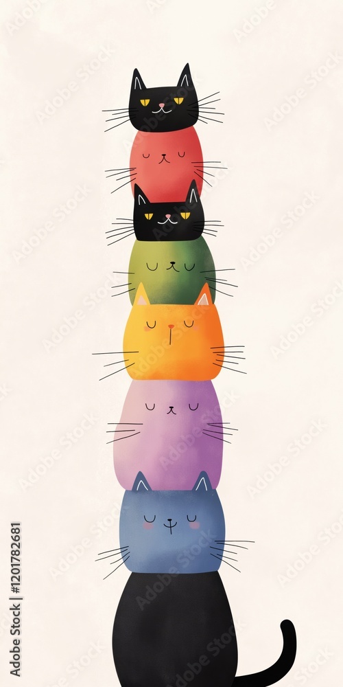 Poster a group of cats are stacked on top of each other in a rainbow pattern. the cats are all different co