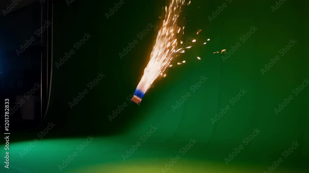 Poster firework emitting a shower of bright sparks while exploding against a vibrant green screen backdrop,