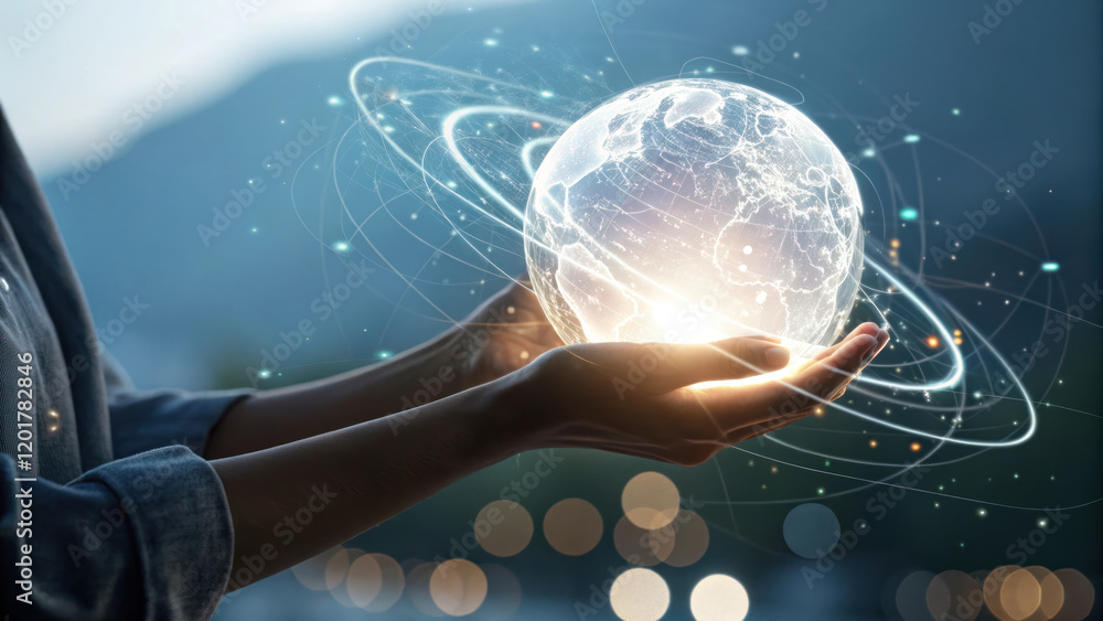 Poster glowing data sphere held in one hand, symbolizing technology and connection