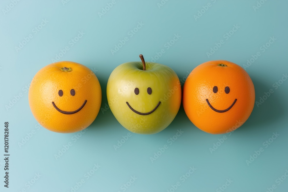 Poster three apples and oranges are smiling on a blue background. the apples are green and the oranges are 