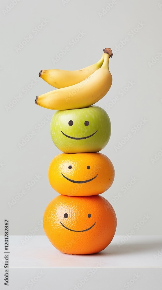 Aufkleber three oranges are stacked on top of each other with a banana on top. the oranges are smiling and the