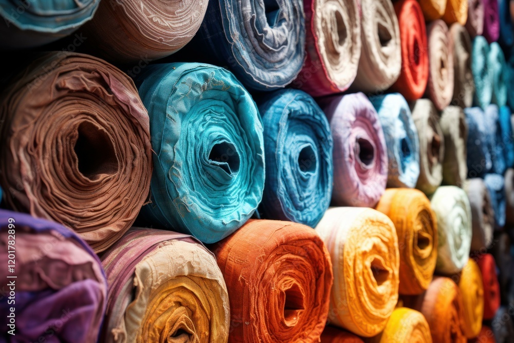 Poster vibrant rolls of colorful fabrics are neatly stacked on shelves, creating a visually appealing displ
