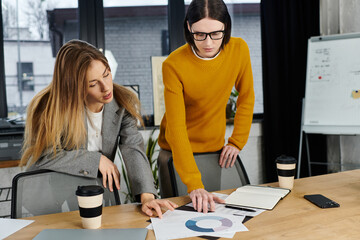 Fototapeta premium Two young people intensely discuss and analyze project materials at a stylish office workspace.