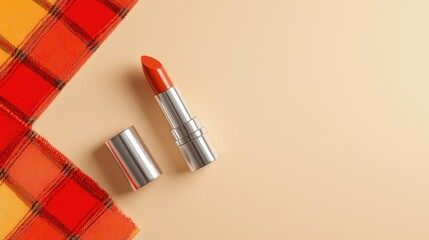 Tartan lipstick ad cosmetic center plaid print studio closeup