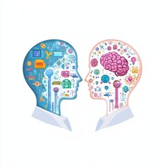 Illustration of two heads with symbols representing technology and creativity.