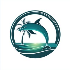Fototapeta premium Elegant tropical scene with a dolphin, sunset, and palm trees by the water