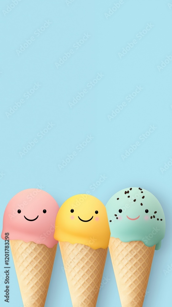 Poster three ice cream cones with smiling faces on them. the ice cream cones are in a row and are placed on