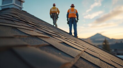 Two worker on a rooftop during sunset, focusing on construction and safety.