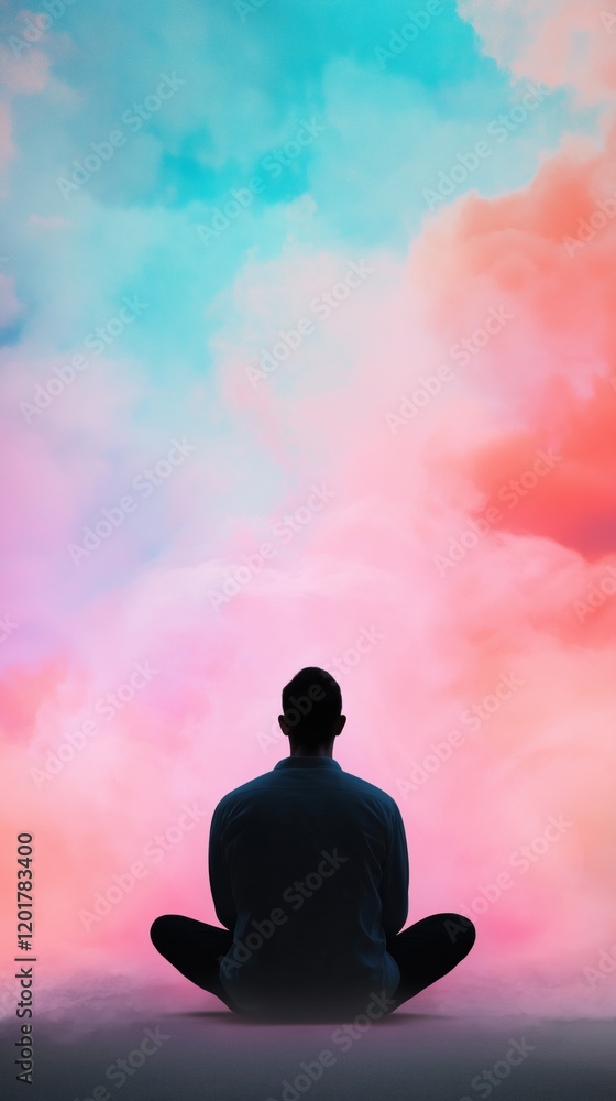 Aufkleber a man sits in a lotus position in front of a colorful sky. the sky is filled with clouds and the col