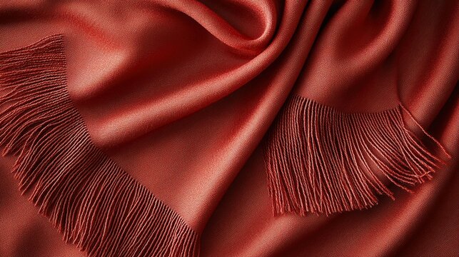 Folded rust-colored shawl with fringe, soft texture, close-up, draped background.
