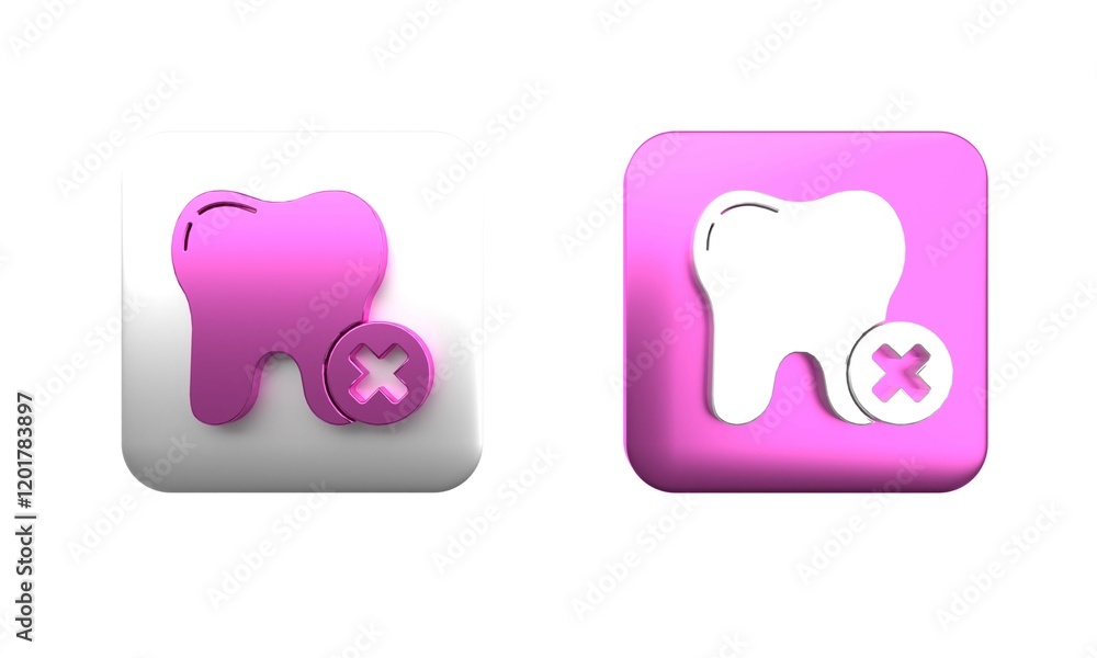 Poster colorful tooth with caries icon isolated on white background. tooth decay. square button. 3d render 