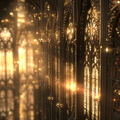 Fototapeta premium Golden Gothic cathedral interior with sunlight through stained glass.