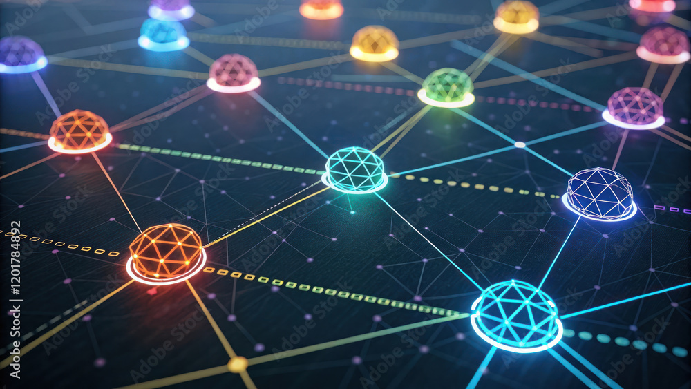 Aufkleber glowing data nodes connected by digital lines in vibrant colors