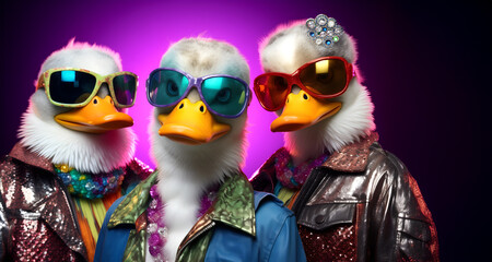 Creative animal concept. Group gang of duck bird in sparkly rock punk neon bright colour outfit, copy text space. commercial, editorial advertisement party invitation invite	
