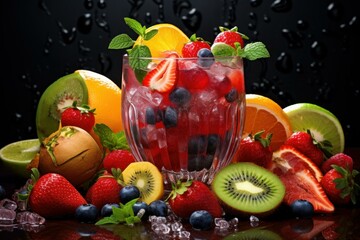 Glass full of tasty summer sangria with ice cubes and fresh fruit around
