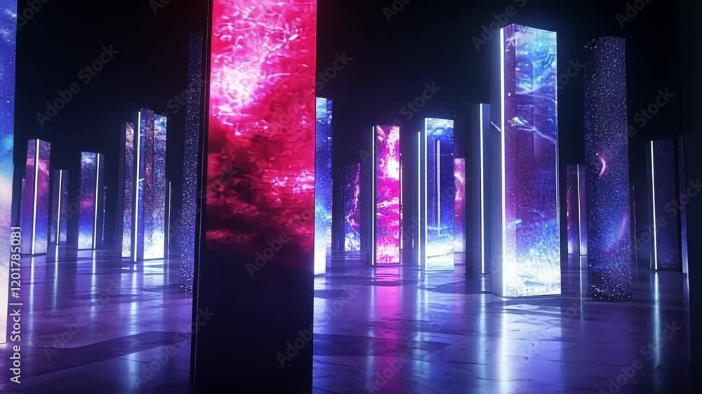 Poster a digital art showcase illuminated by spotlights featuring dynamic projections and interactive insta
