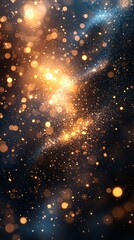 Obraz premium Abstract golden particles swirling on a dark background. Ideal for luxury product presentations, invitations, or festive social media graphics.